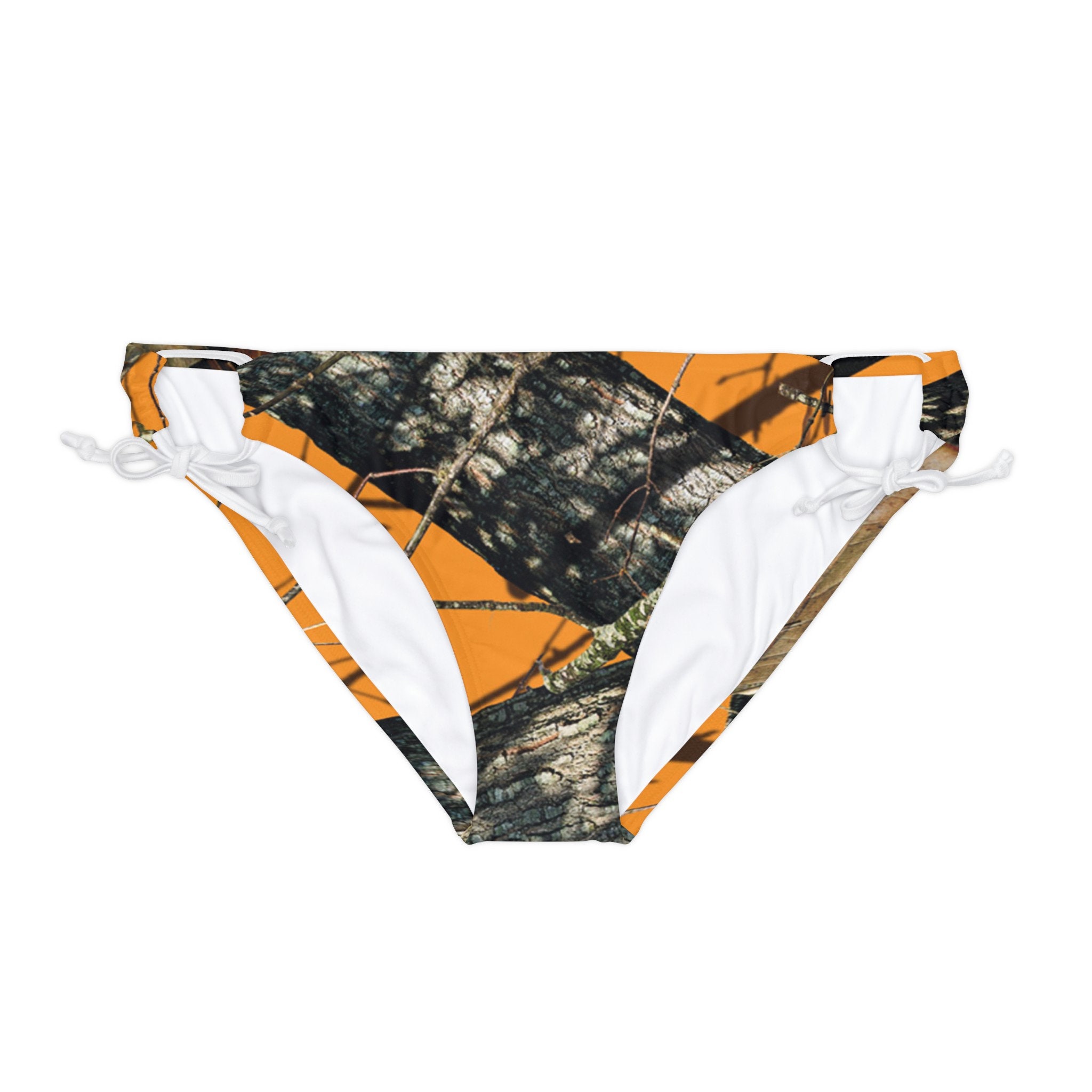 Designer Swimwear By T6X ArtWorX -Mossy Oak Break-Up Blaze Orange Camo Loop Tie Side Bikini Bottom
