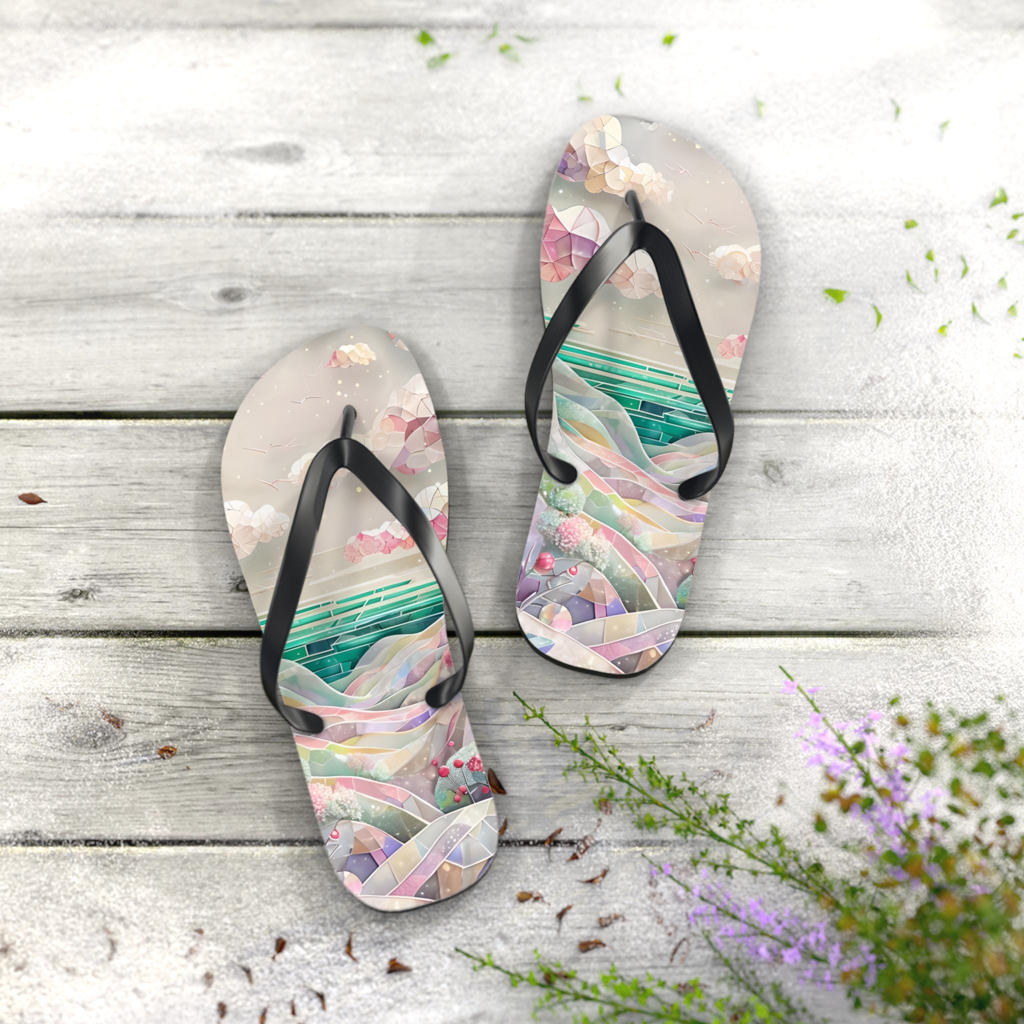 Artistic Beach Flip Flops, Summer Footwear, Vacation Sandals, Pool Slides, Unique Gift for Beach Lovers, Relaxation Essentials