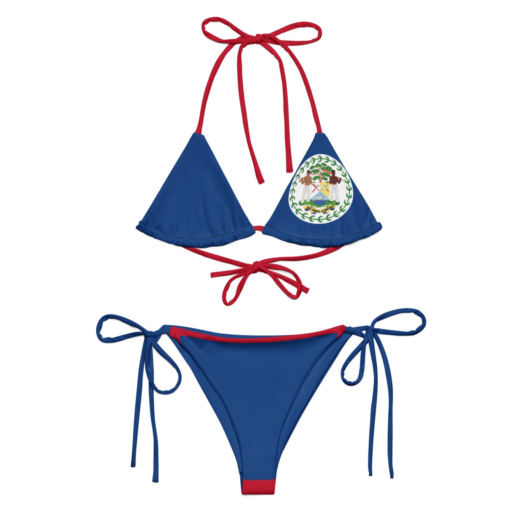 Belize Flag String Bikini Recycled Polyester Swimwear, Tropical Island Outfit