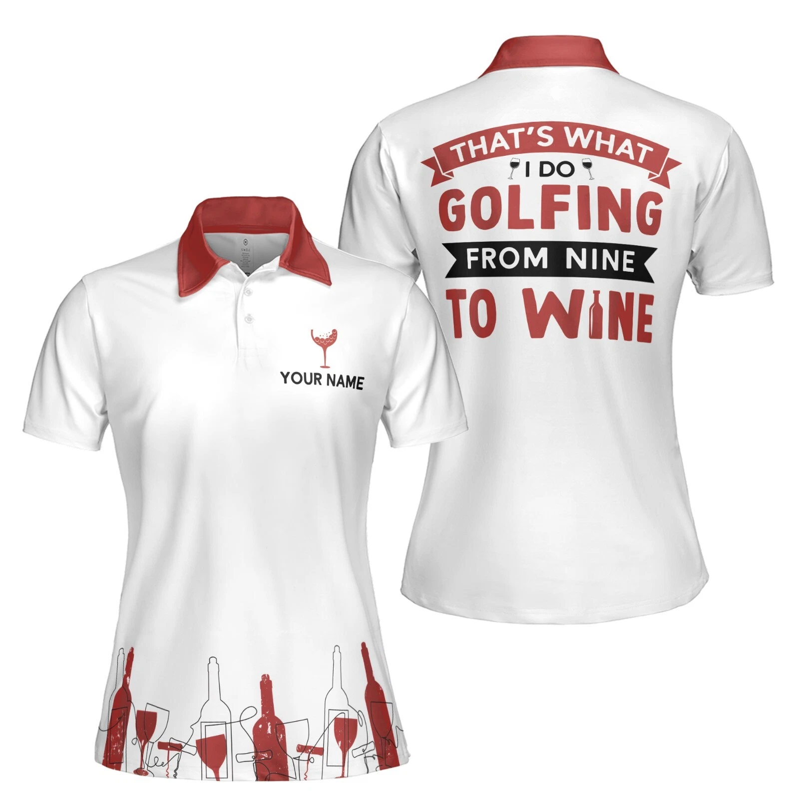 Women's Polo Shirt, Custom Name, Golfing from Nine to Wine