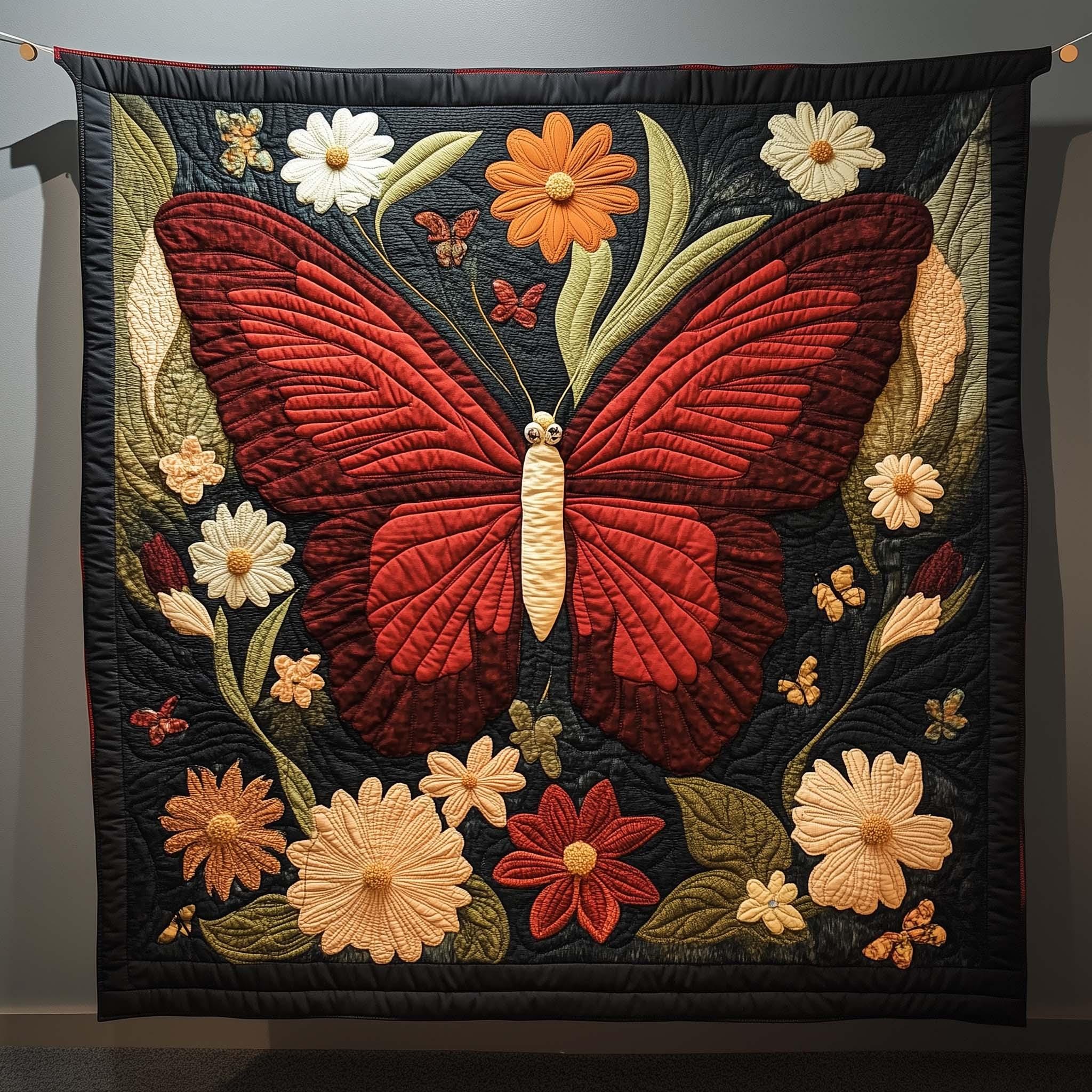 Red Butterfly Floral Quilt Blanket, Vintage Botanical, Cottagecore Flower Garden Decor, Nature Lover Bedding