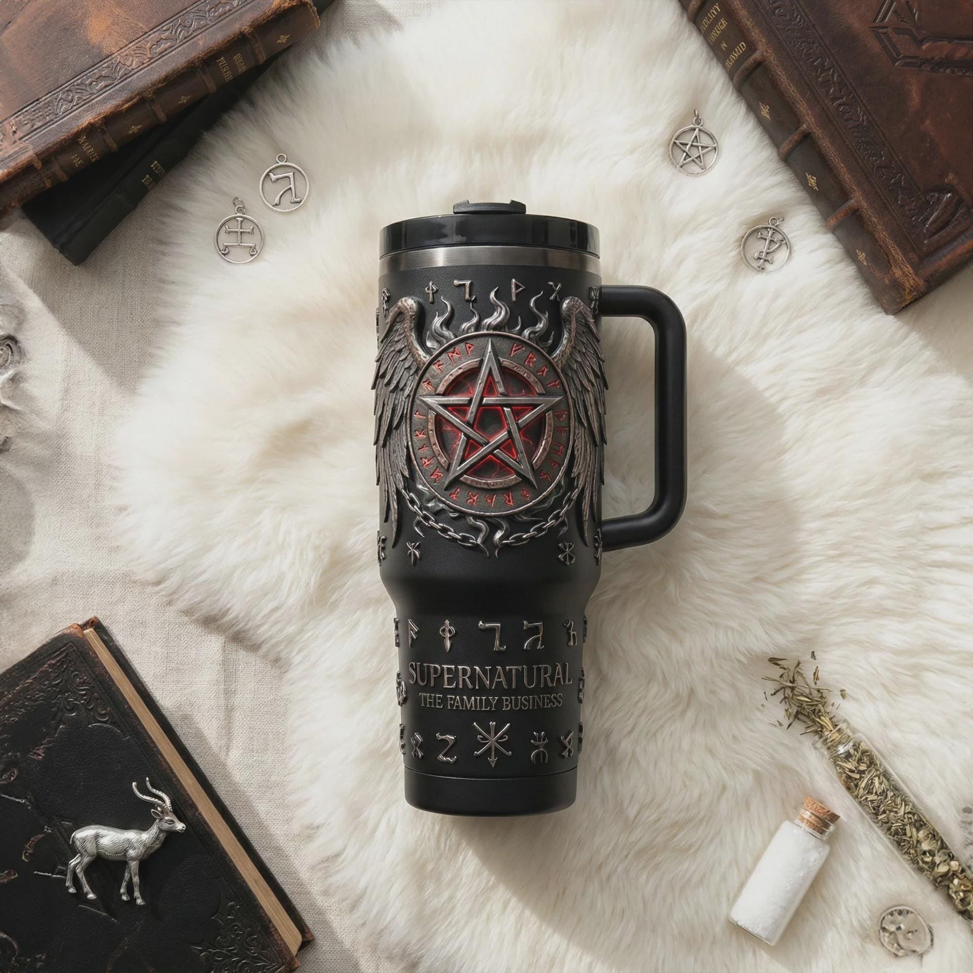 Supernatural Family Business 40oz Tumbler Anti Possession Wings Insulated Mug Travel Cup
