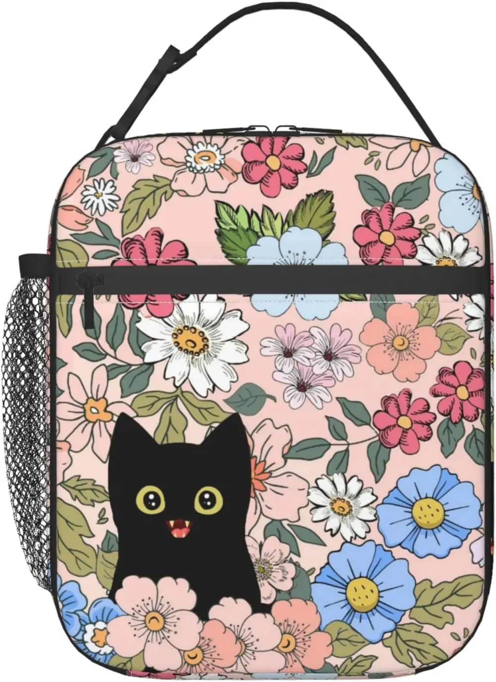Black Cat Lunch Box Funny Cat Lunch Bag Kids Teen Girls Women Adult Cooler Insulated Floral Lunch Bag for School Work Travel