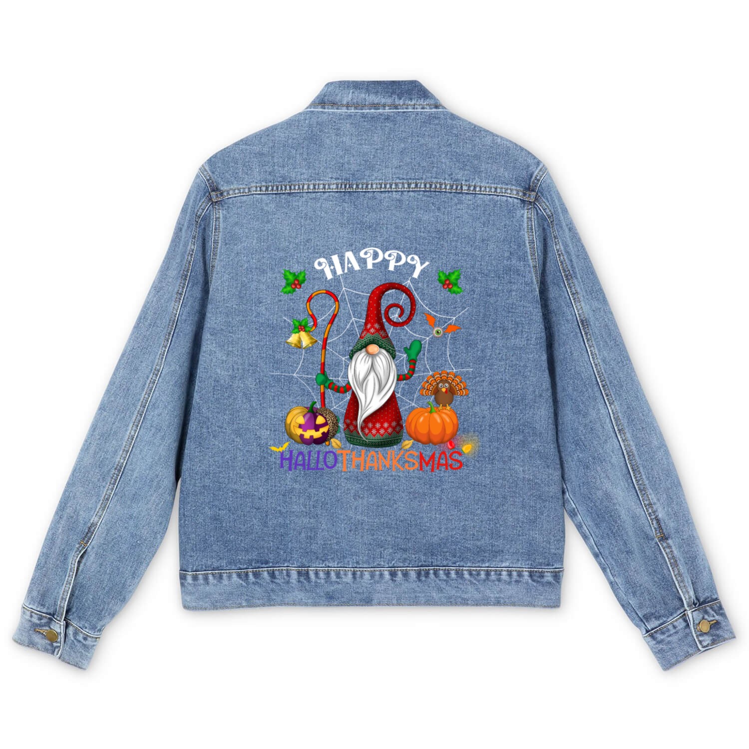 Happy HalloThanksMas Gnome Men's Denim Jackets