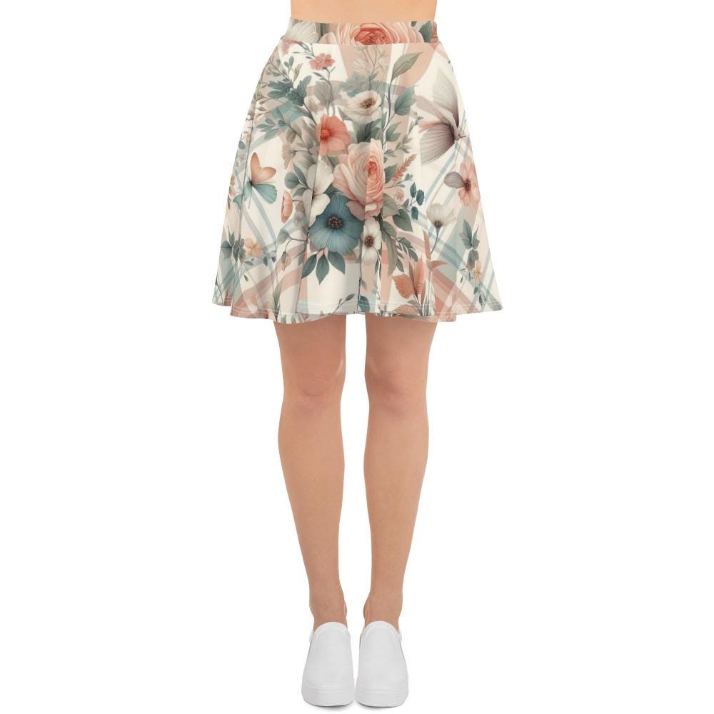 Women's Spring Floral Plaid Skater Skirt - Elastic Waist - Comfortable & Cute