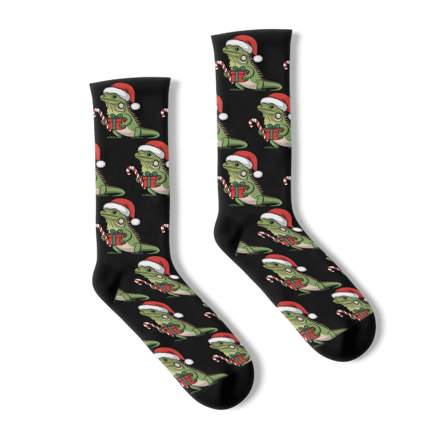 Christmas Iguana Present Candy Cane Santa Hat Socks