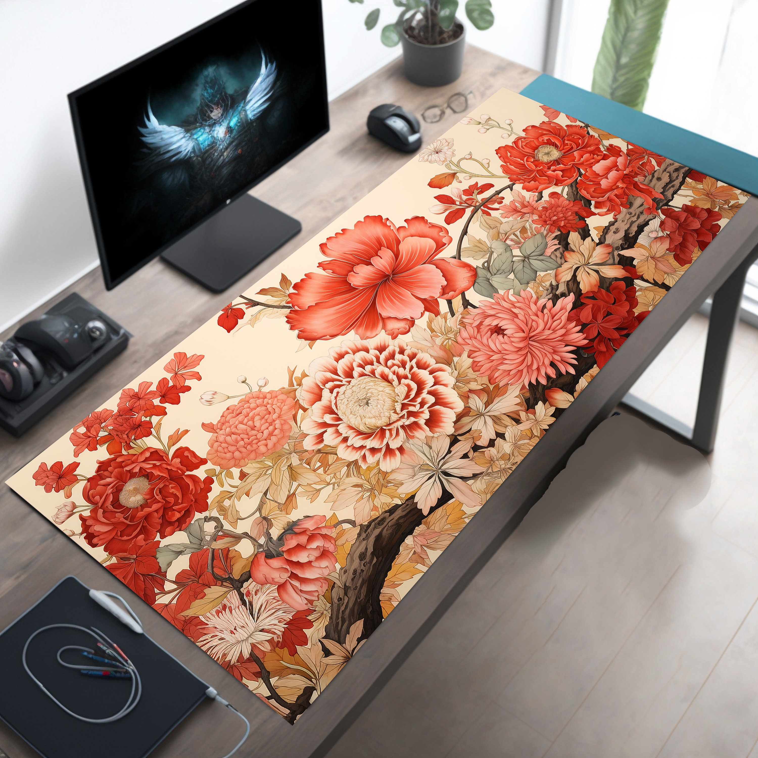 Japanese Floral Desk Mat, Vintage Style Large Mouse Pad