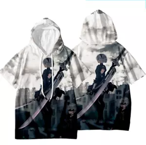 NieR Automata 2B YoRHa Hoodie Shirt Adults Casual Short Sleeve Hooded T Shirt