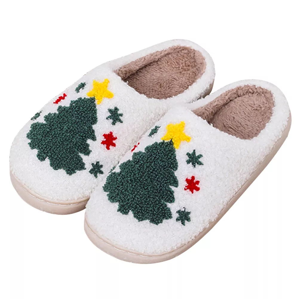 Women Men Indoor Slippers Christmas Tree Cotton Slippers Warm Plush Home Slipper