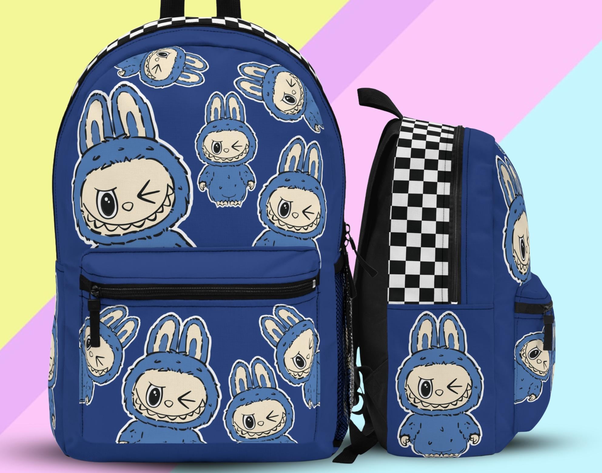 Labubu Blue Backpack for Boys - Checkered Design, Holds Laptops, Perfect for Back to School