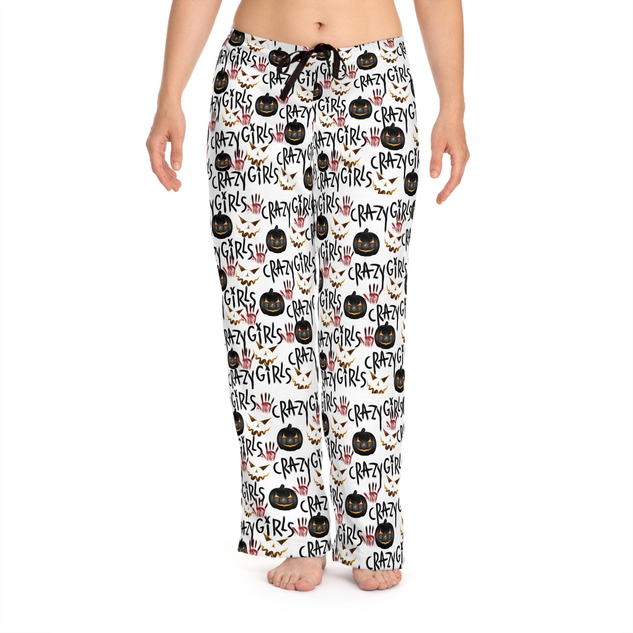 Halloween Pajama Pants for Women, Crazy Girl Pumpkins Theme, Blood Hand, Black Text Design, Sleepwear, Lounge Pants, Gift for Her,