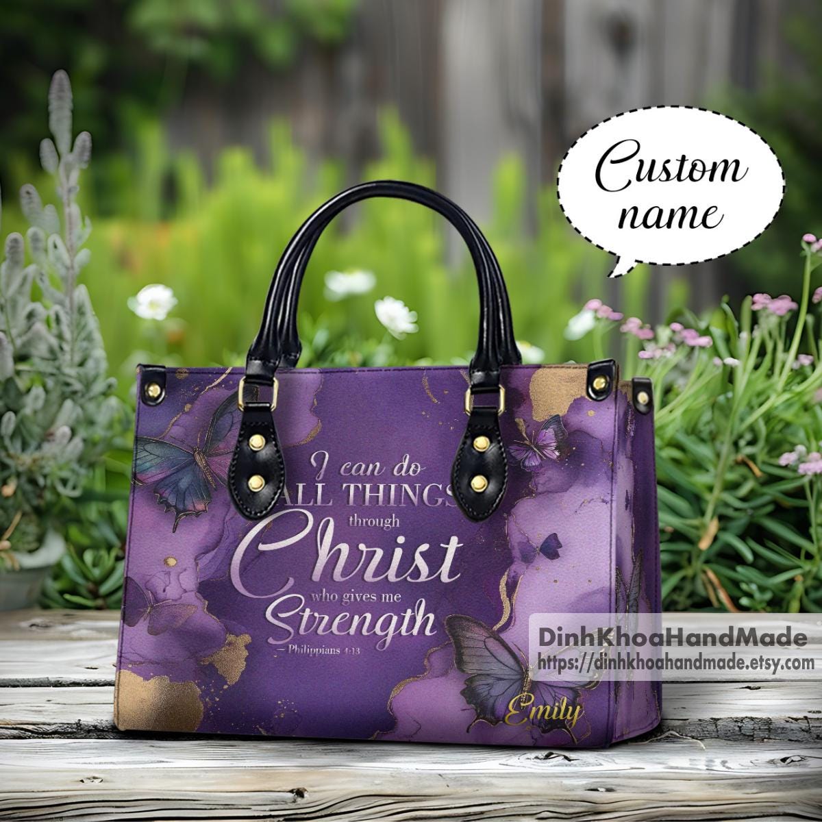 Christian PU Leather Handbag - Custom Name Philippians 4:13 Bible Verse Tote - Faith-Leather Handbag, Religious Gift for Women