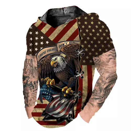 Men Hoodie Hooded US American Flag Eagle Red Short Sleeve Hoodie LightWeight