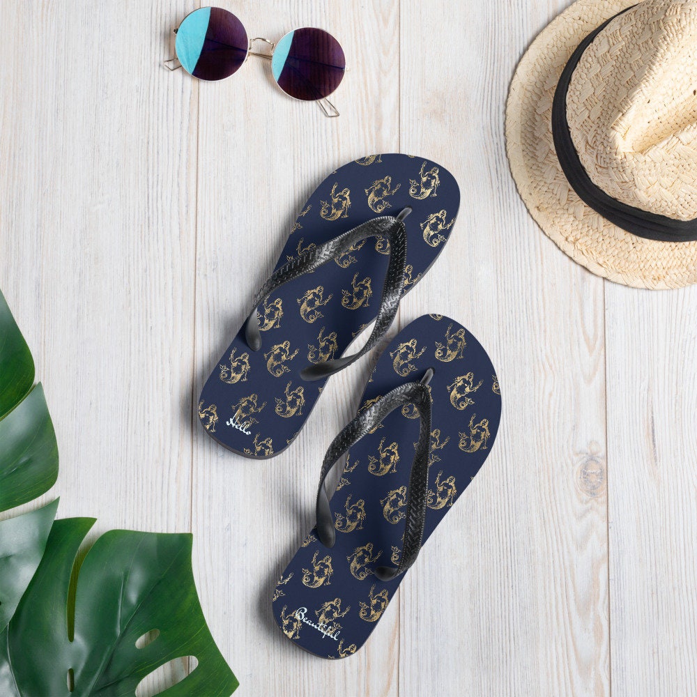 Hello Beautiful dark blue and gold Mermaid Flip-Flops - Mermaid Thongs - Mermaid Sandals - Fashion Footwear - Beachwear - Pool Flip-Flops