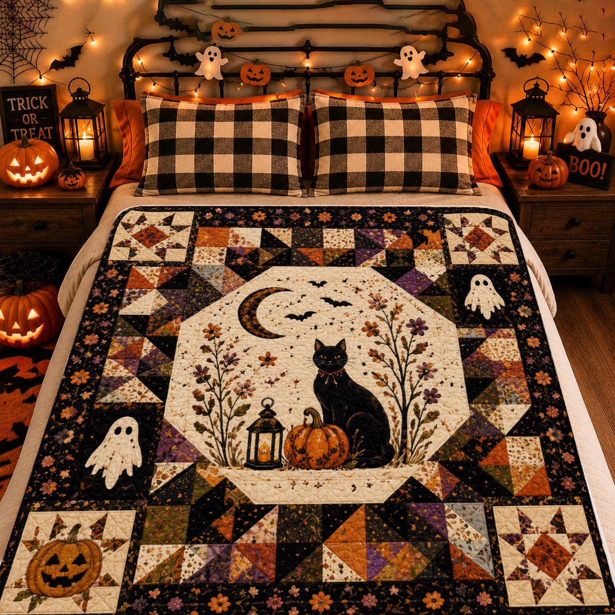 Halloween Cat Quilt Blanket, Spooky Patchwork, Gothic Fall Home Decor