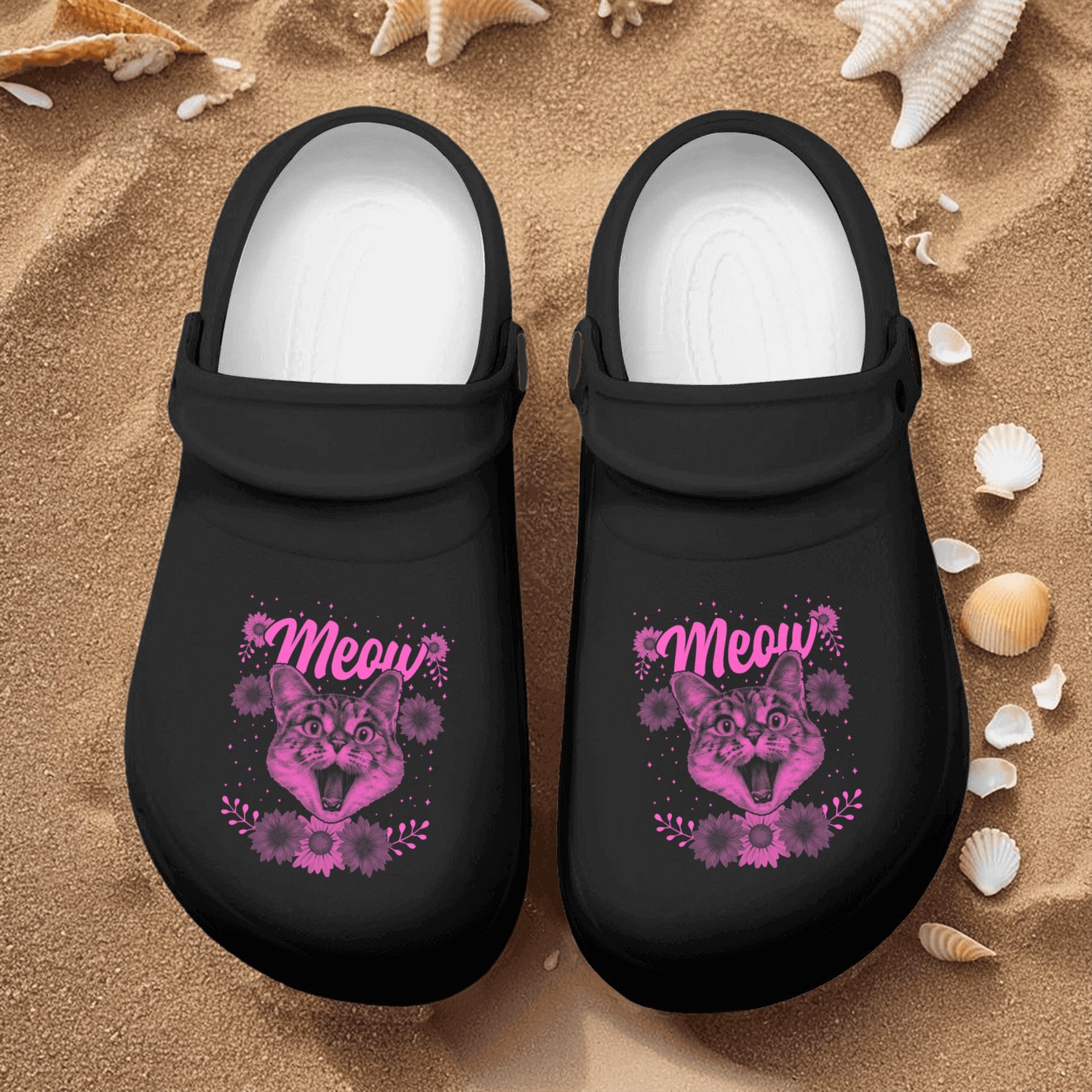 Cat Meow Lover Furry Animals 1980 Floral Nurse Clogs