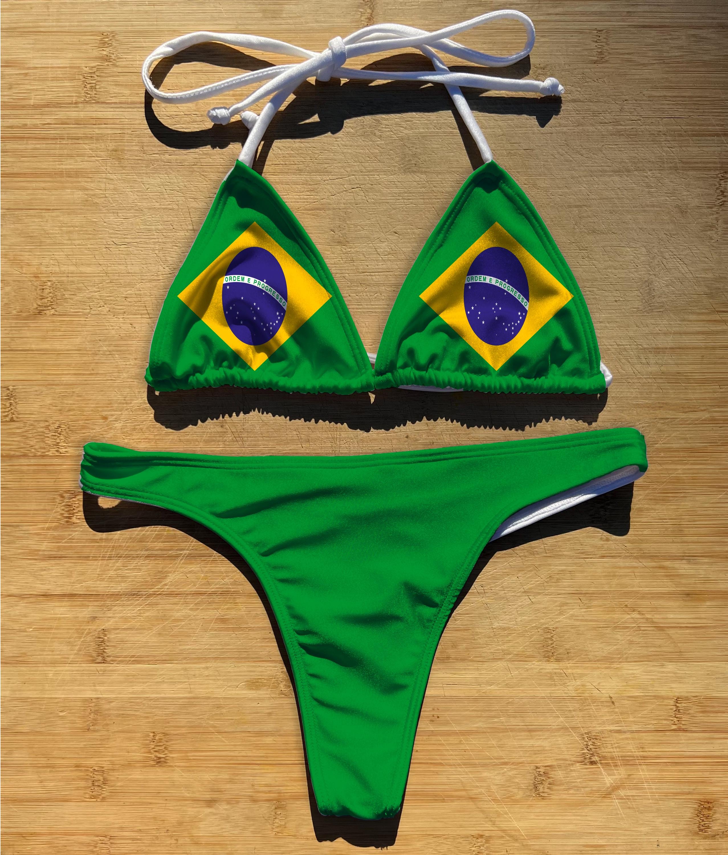 Swimwear Bikini 2 Piece Set | Brazil Flag | Thong Cheeky Full Coverage | Triangle String Tie Top Bathing Suit | Brasileira Brasil