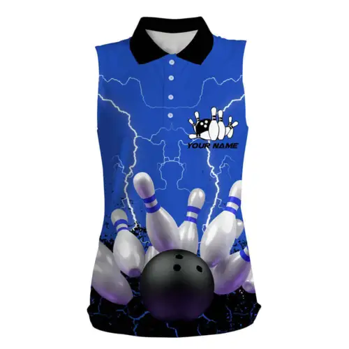 Blue Lightning Women Bowling Sleeveless Polo Shirts, Personalized Team Bowling Femal