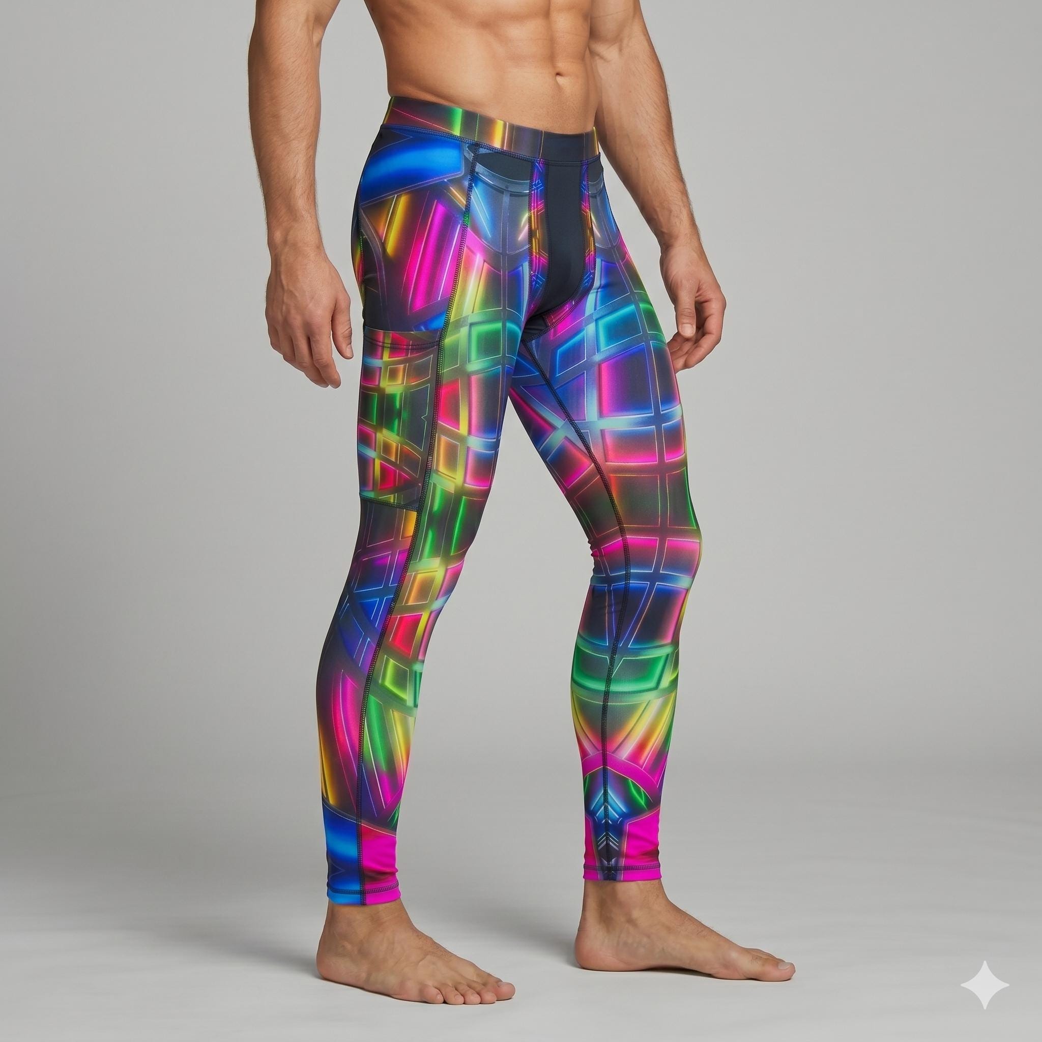 Neon Rainbow Mens Yoga Shorts Leggings Meggings Athletic Training Compression Martial Arts Wrestling Activewear Rave Trippy Psychedelic