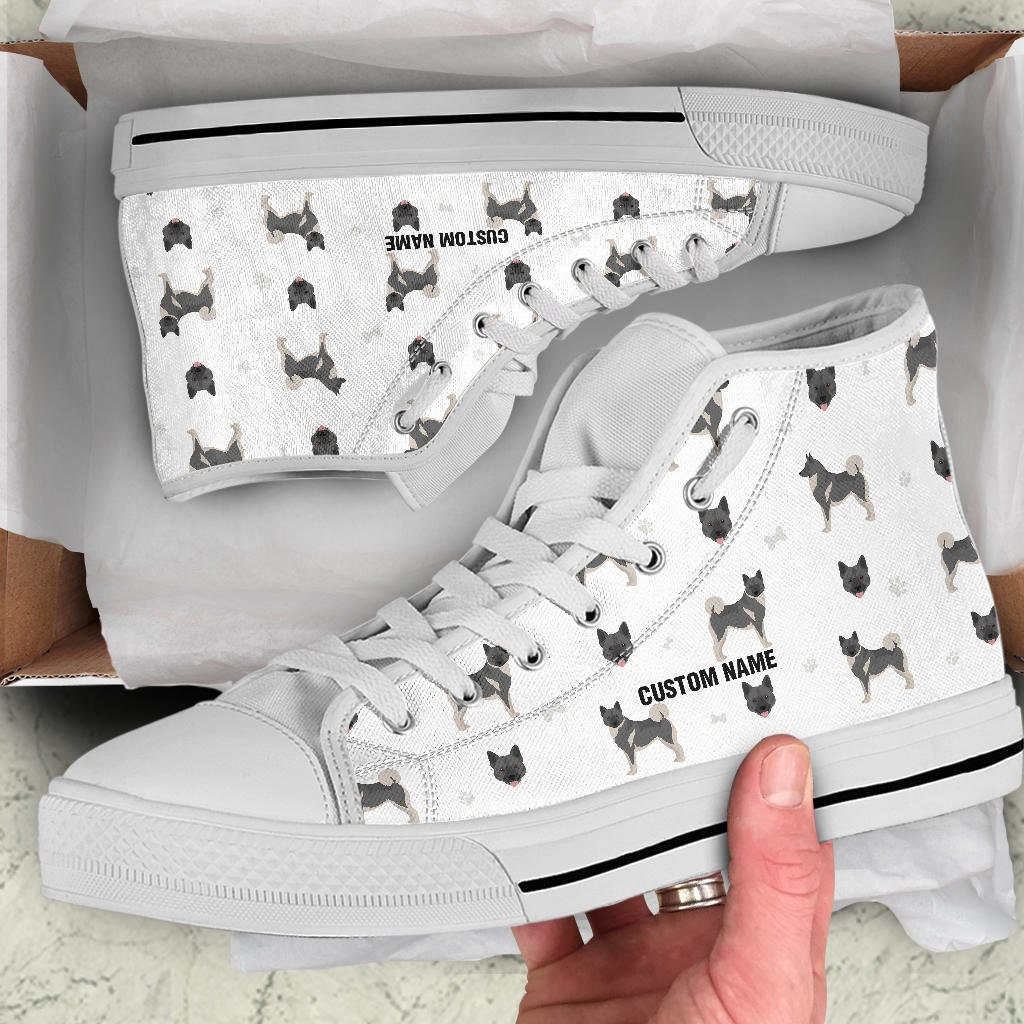Norwegian Elkhound Custom Name High Top Sneakers / Spitz Dog High Top Shoes / Elkhound Dog Custom Print Trainers Shoes / Elkhound Owner Gift