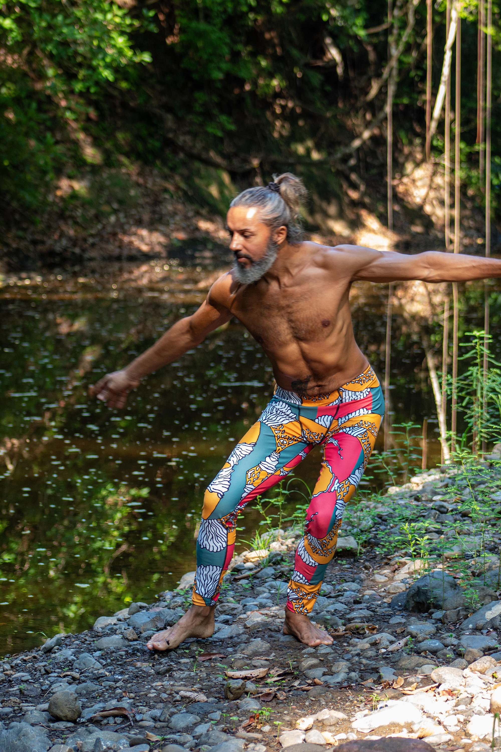 Men Yoga Leggings With Orange Abstract Pattern, Printed Meggings
