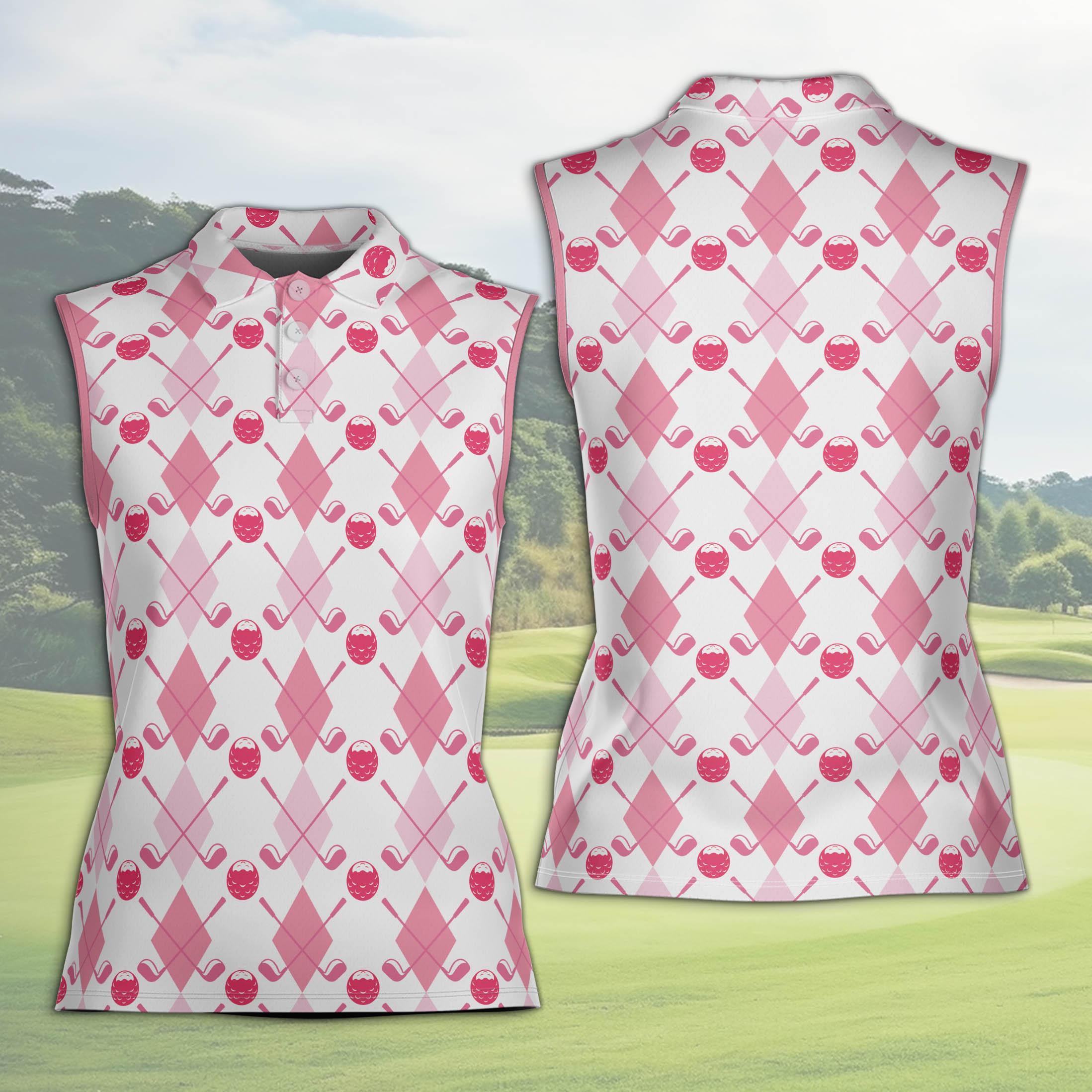 Pink Argyle Sleeveless Polo Shirt for Women, Golf Club & Ball Pattern, Golf Team Matching Polo