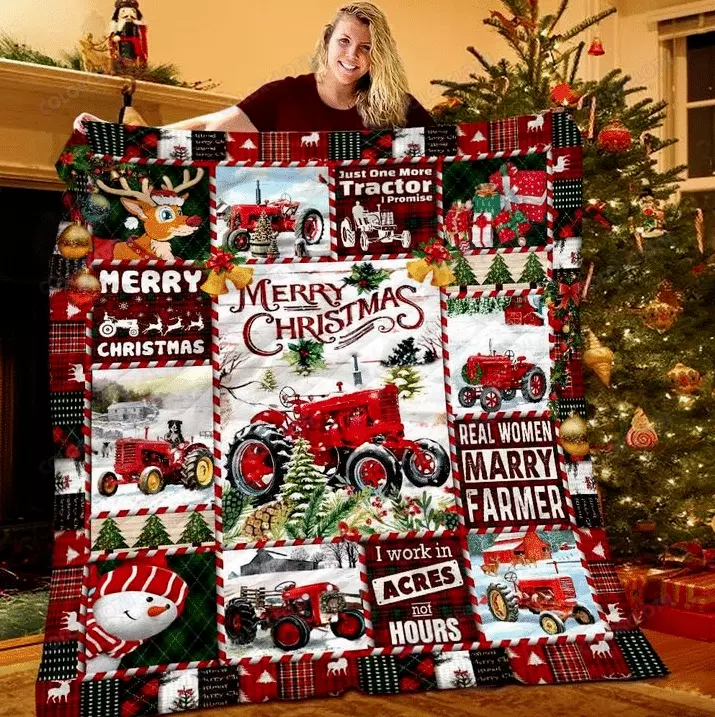 Merry Christmas Tractor Quilt Blanket