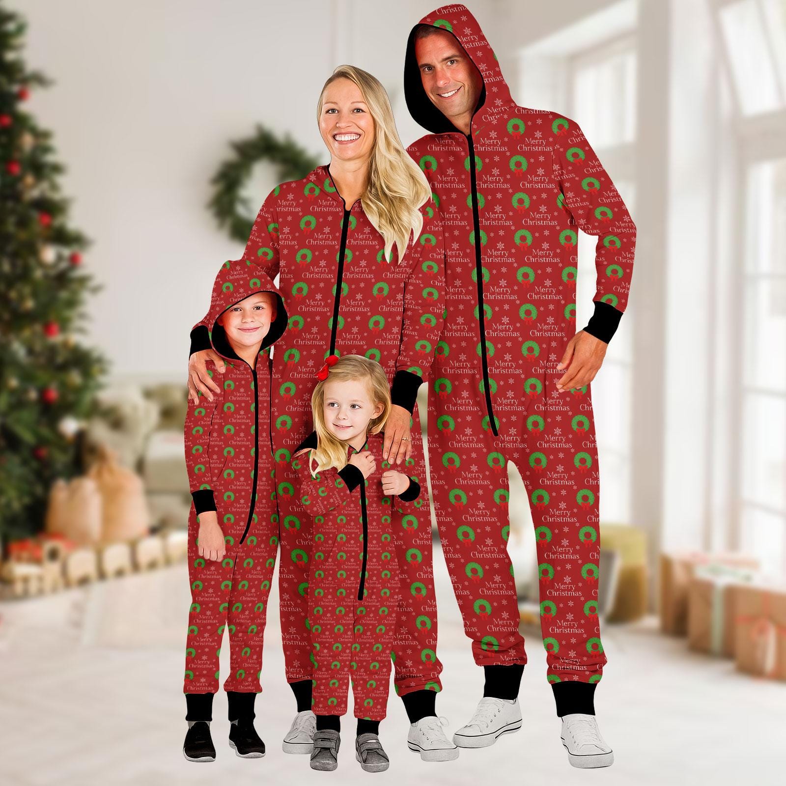 Merry Christmas Red Onesie Pajamas, Holiday Wreath Jumpsuit, Cozy Festive Sleepwear, Unisex Xmas Gift for Family, Christmas Gift