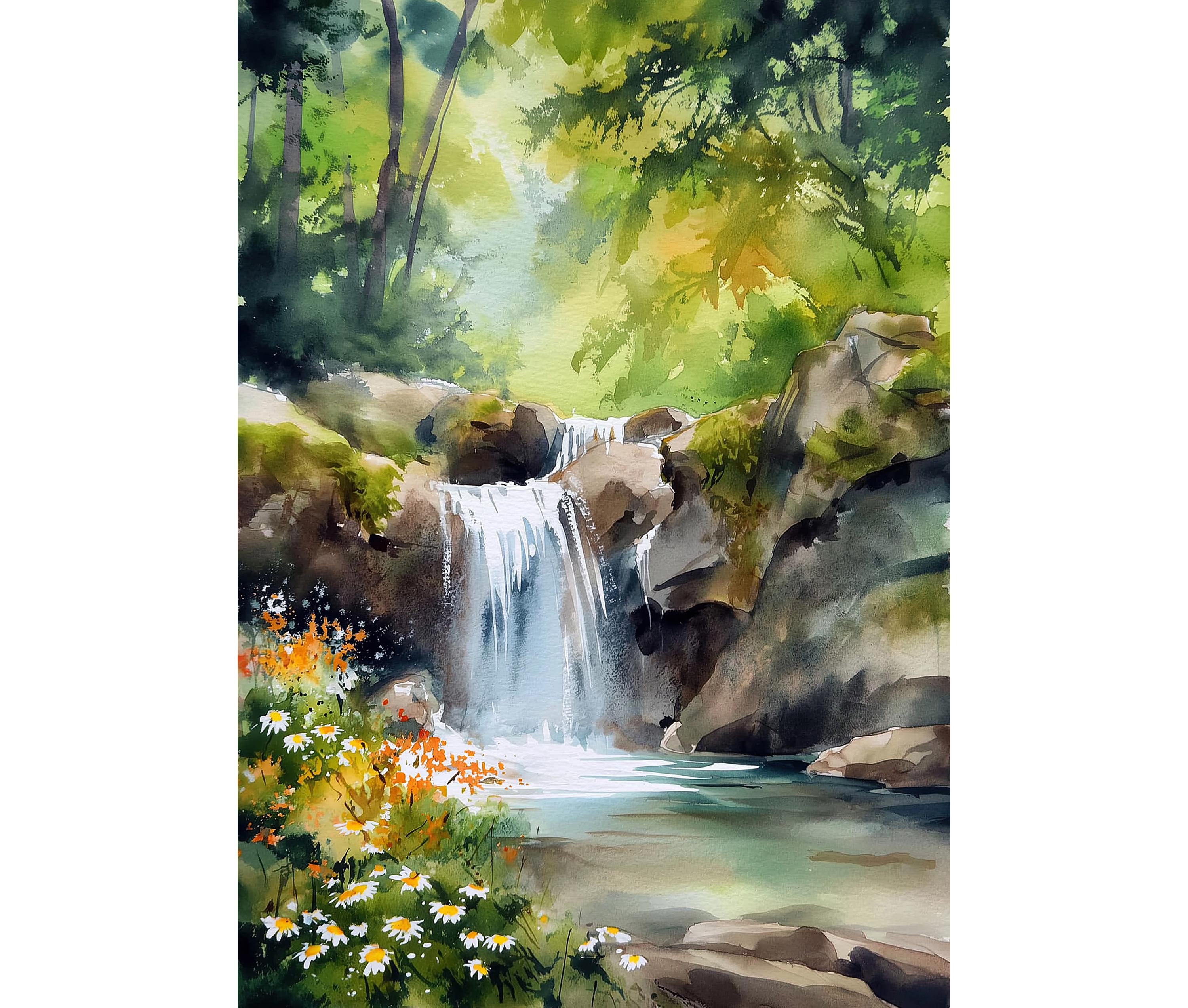 Waterfall Watercolor Gicle Print Nature Landscape Wall Art, Forest River Painting, Cottage Rustic Decor, Summer Green Trees Scene