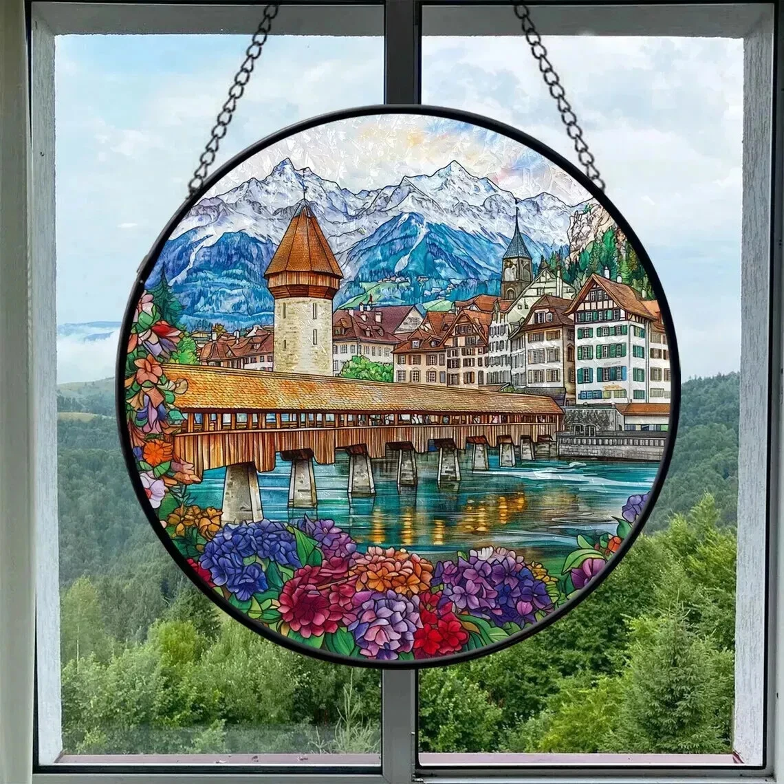 Lucerne, Switzerland Stained Glass Suncatcher, Window Hanging Decor