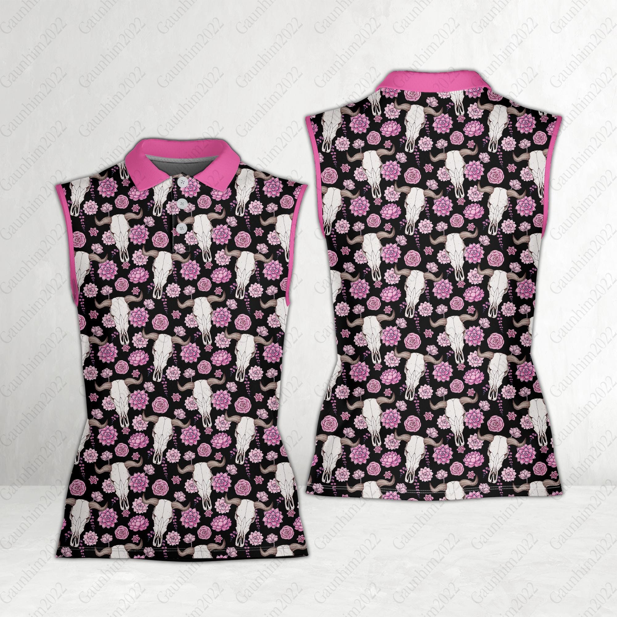 Western Golf Polo Shirt, Bull Skull With Roses Women Sleeveless Polo, Gifts For Western Cowboy Cowgirl, Polo Shirt For Golfers, Golf Lovers