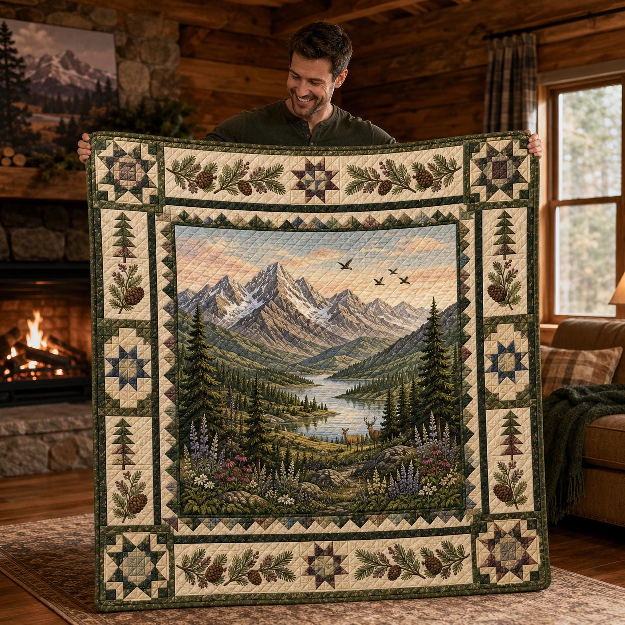 Mountain Landscape Quilt Blanket, Pine Forest Lake Cabin, Rustic Lodge Nature Bedding, Wildlife Outdoor Decor Gift