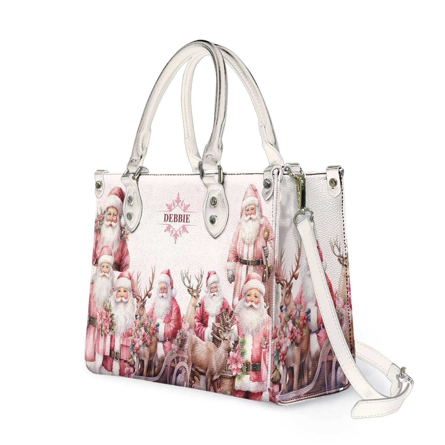Marchstyle - Personalized Pink Christmas Santa Claus Leather Handbag,Christmas Woman Handbag