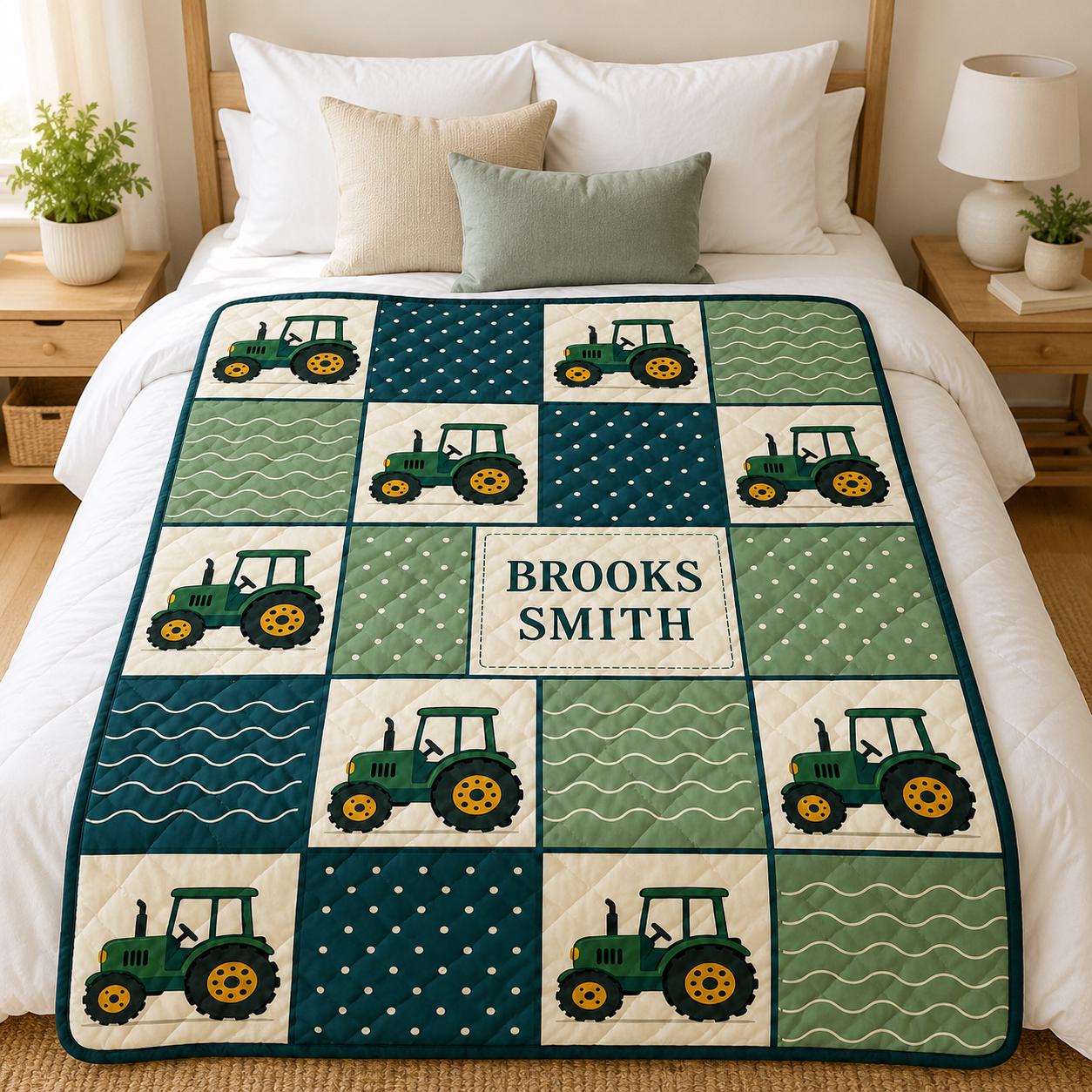 Personalized Tractor Quilt Blanket, Custom Name Farm Nursery Quilt for Boys