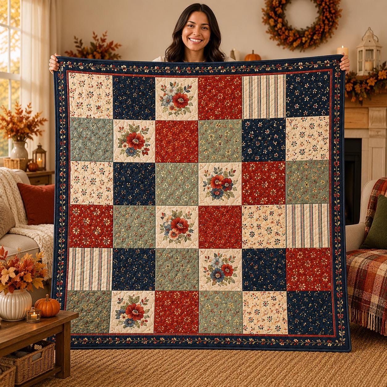Patriotic Patchwork Quilt Blanket, Vintage Americana, Farmhouse Bedding, Fourth of July Home Decor