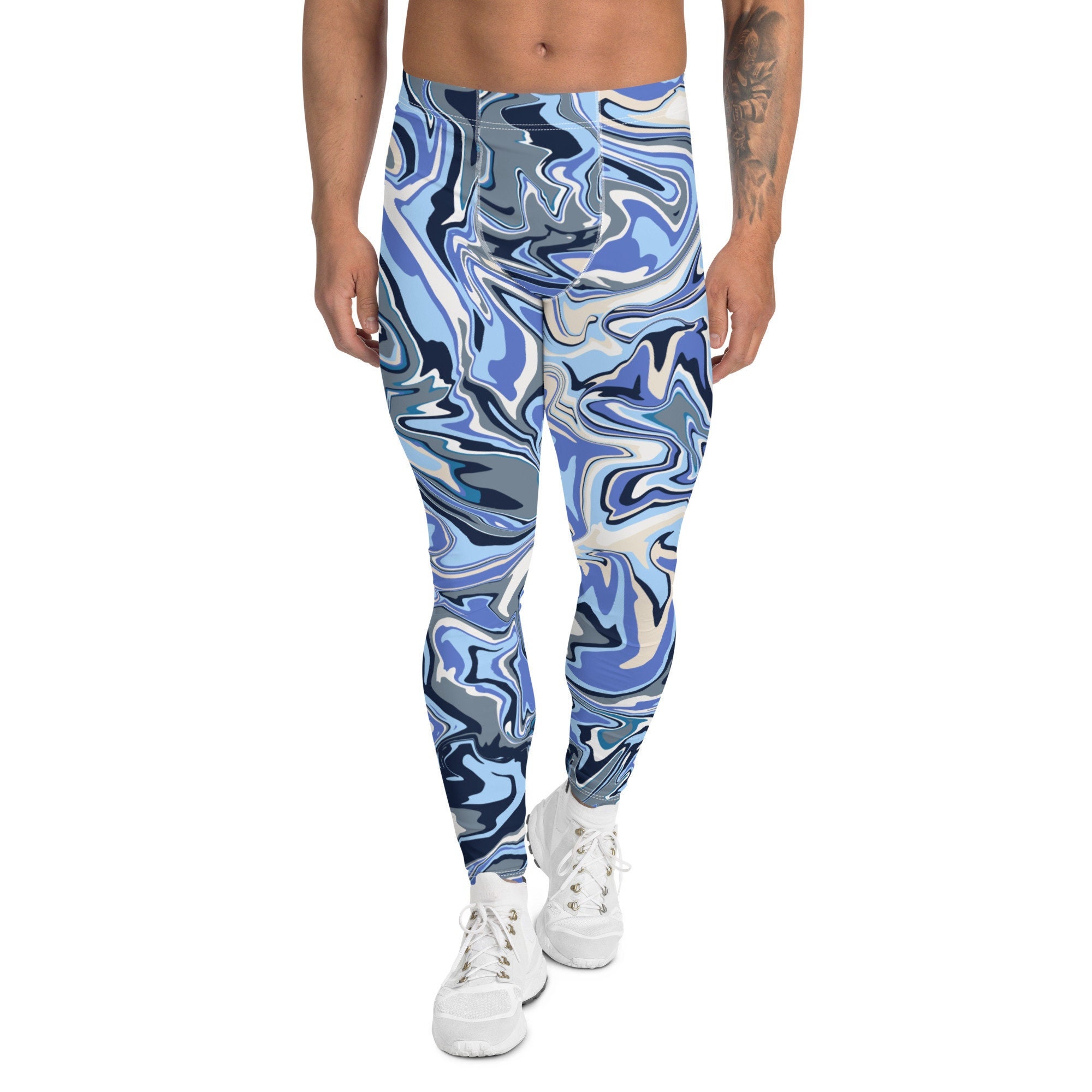 Men's Leggings, Spandex, Tights, Blue Graphic Print, Activewear, Stretch Pants