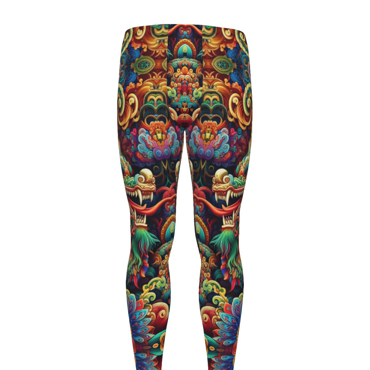 Men's Aztec Dragon Leggings for Martial Arts, Yoga, Fitness, Running, and Workout
