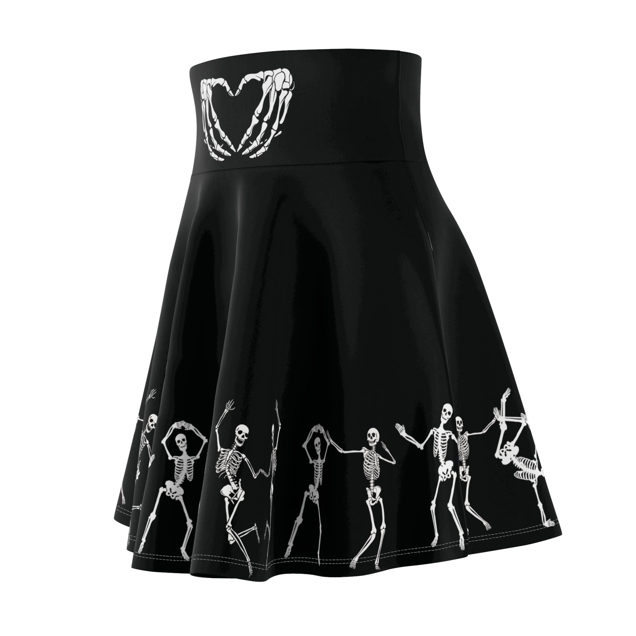 Skeleton Circle Skirt, Black and White Halloween High Waisted Skater Skirt, Women's Plus Size Goth Clothing, Halloween Skirts