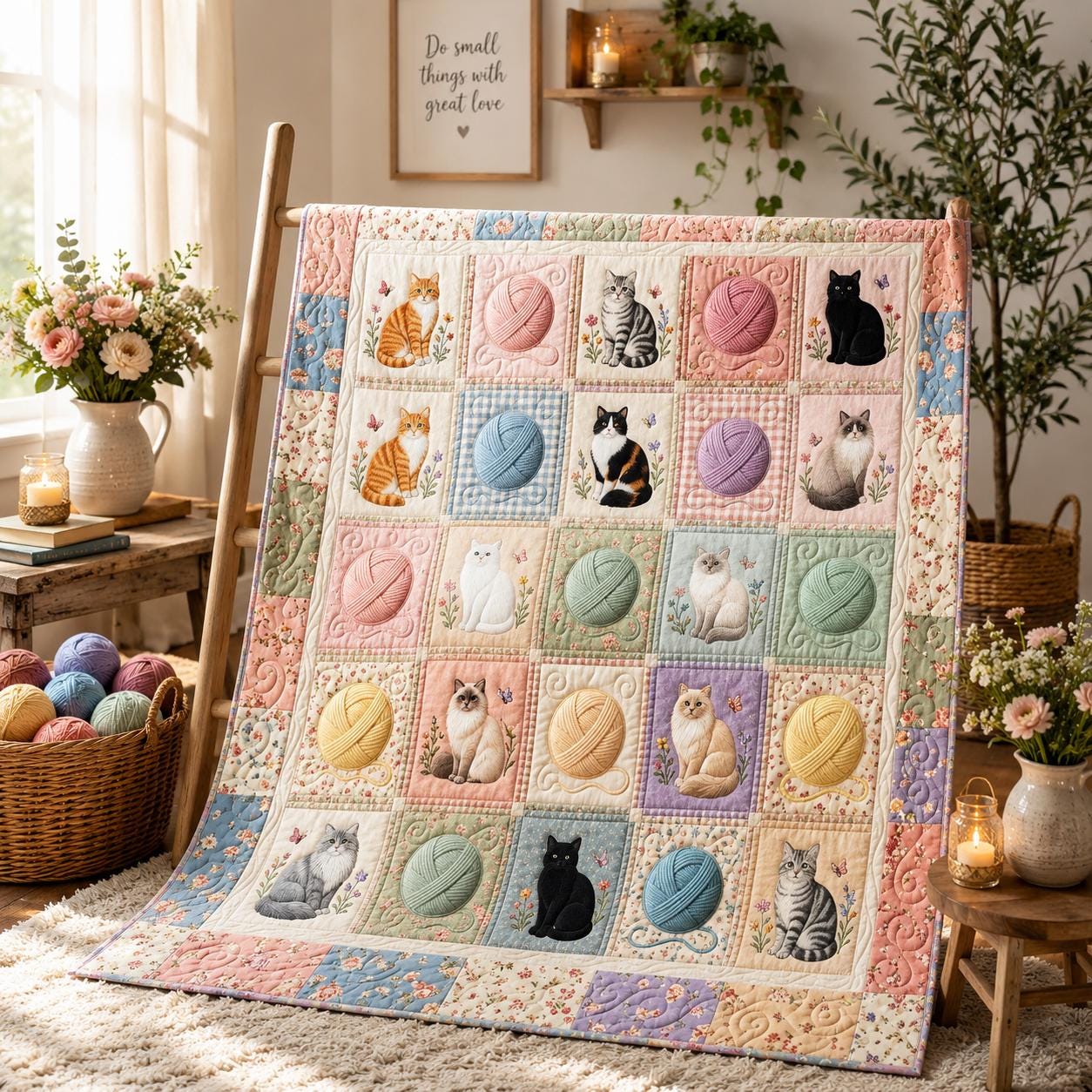 Cat Quilt Blanket, Cat Lover, Knitting Cat Blanket, Yarn Ball Quilt, Pastel Cat Decor, Cozy Cat Gift for Women