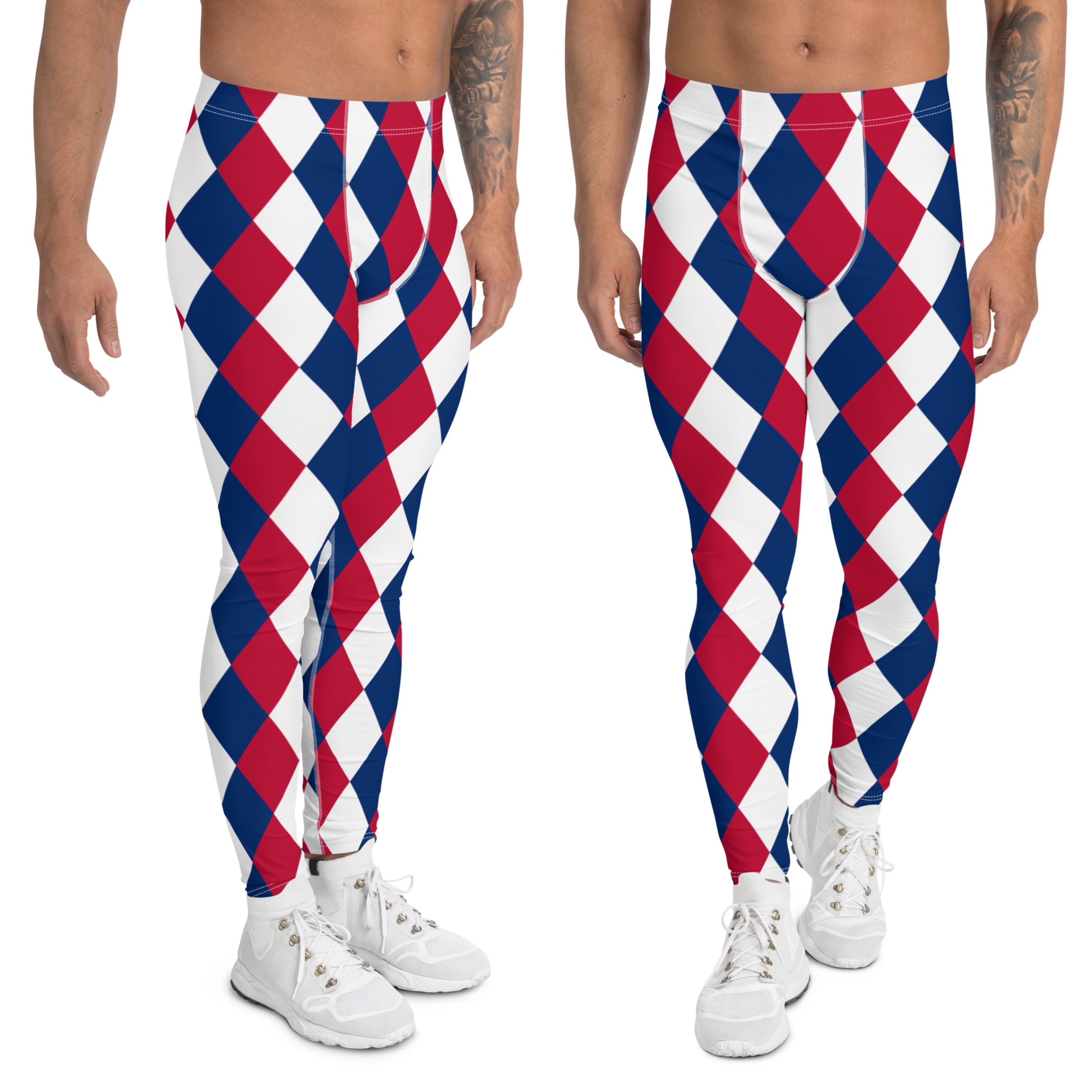 Red White and Blue Harlequin Diamond Men's Leggings, Men's Geometric Meggings