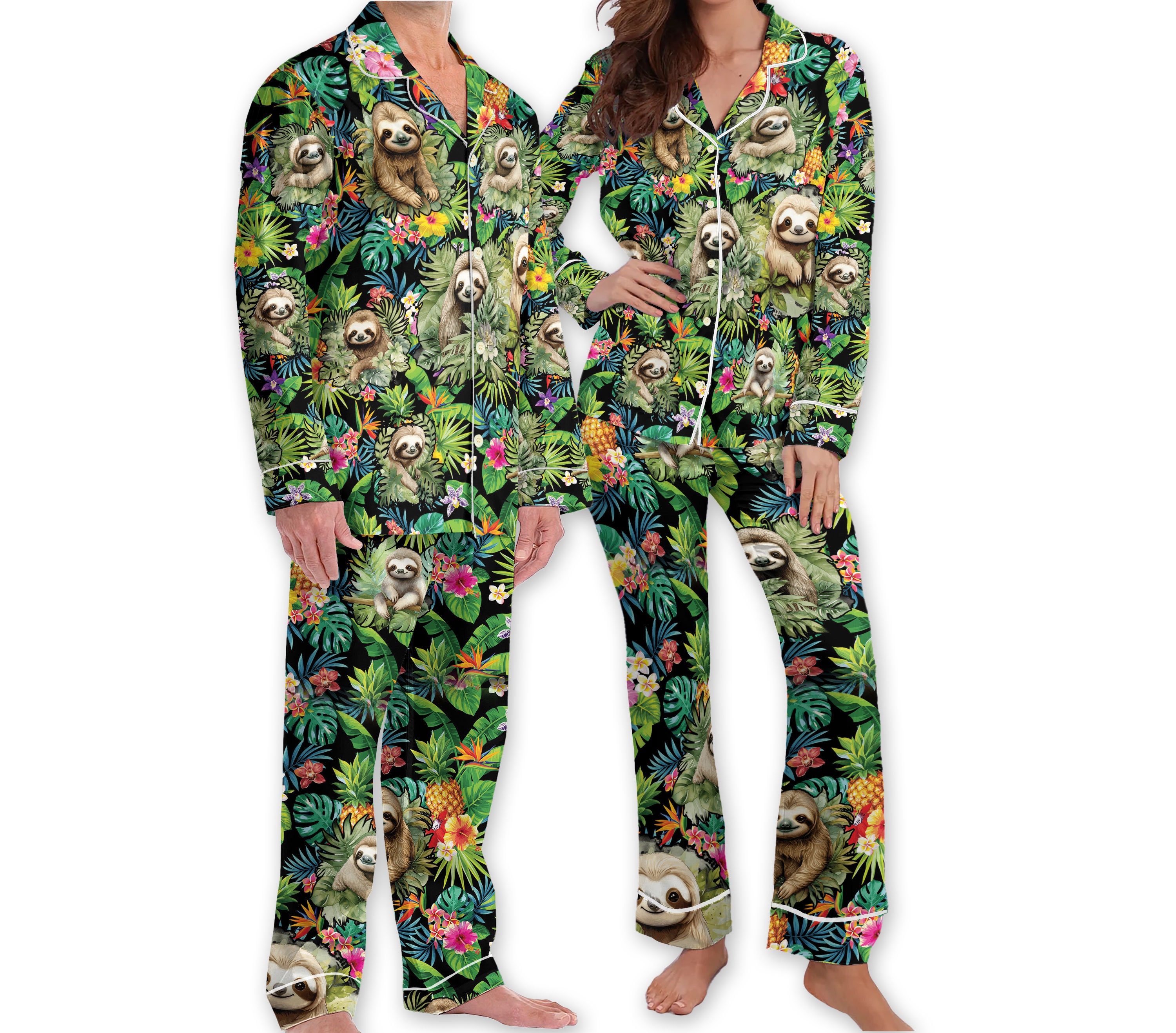 Sloth Flamingo Pattern Hawaiian pajamas, Sloth Tropical Jungle pajamas, Kawaii Sloth Lover Gift, Pjs Set for Women