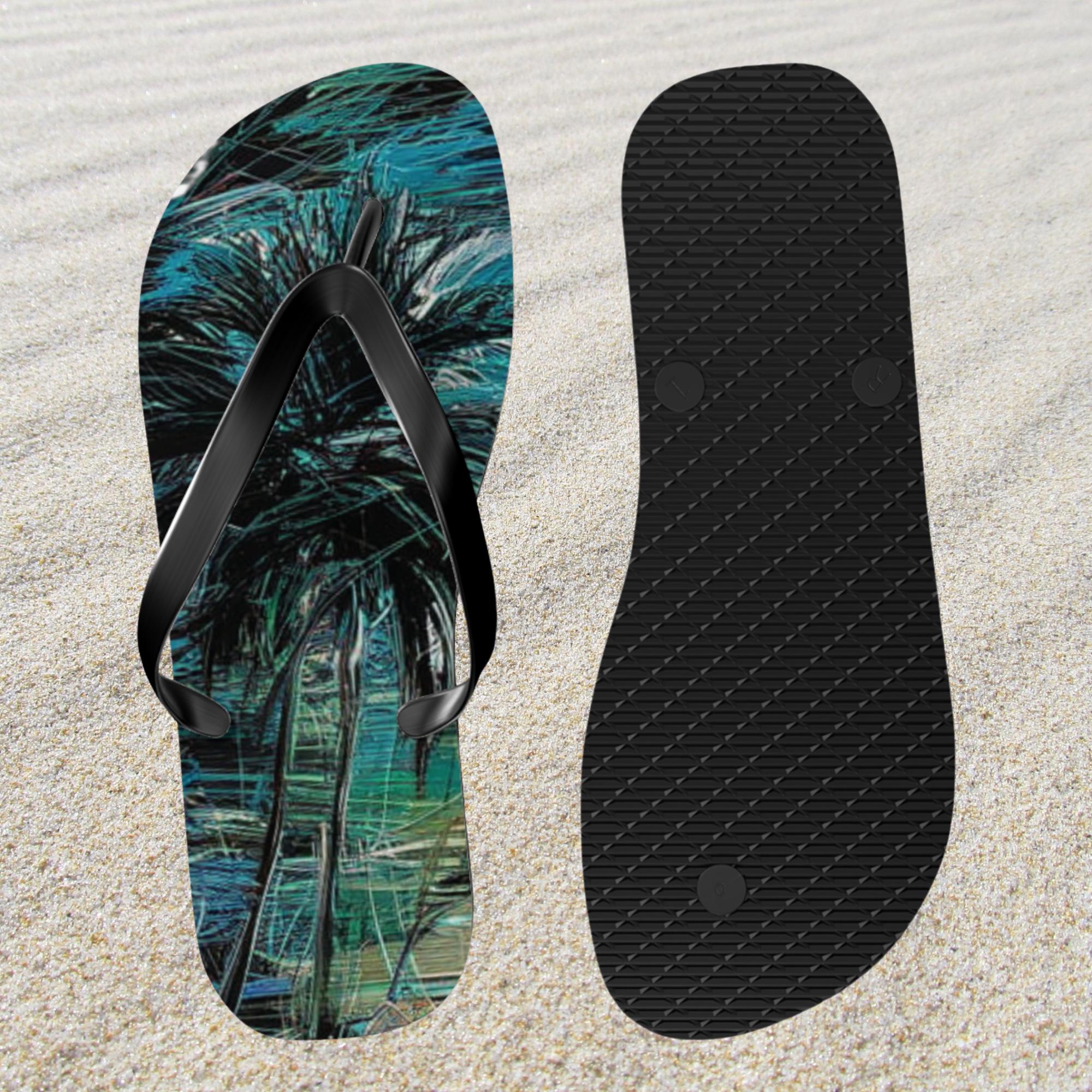 Flip Flops, Palm Tree Beach Design, Summer Sandals, Tropical Vacation Shoes, Blue Palm Tree Flip Flops, Beachwear, Resort Footwear, Slippas