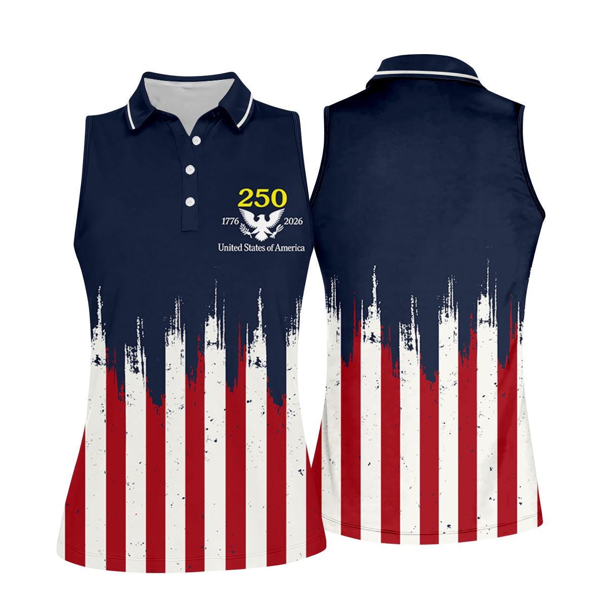 Women’s Sleeveless Polo Shirt with American Flag, 250th Anniversary Golf Top