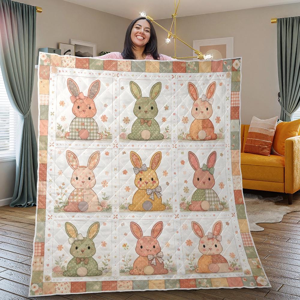 Floral Bunny Patchwork Quilt for Nursery Decor and Baby Bedding