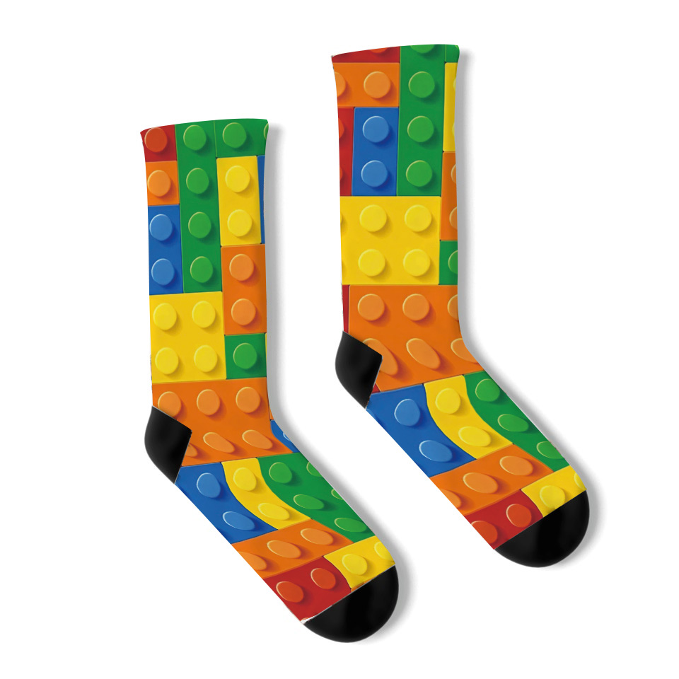 Colorful Lego Pattern Crew Socks, Fun Socks, Gift for Kids, Playful Accessories, Indoor Wear, Creative Sock Design