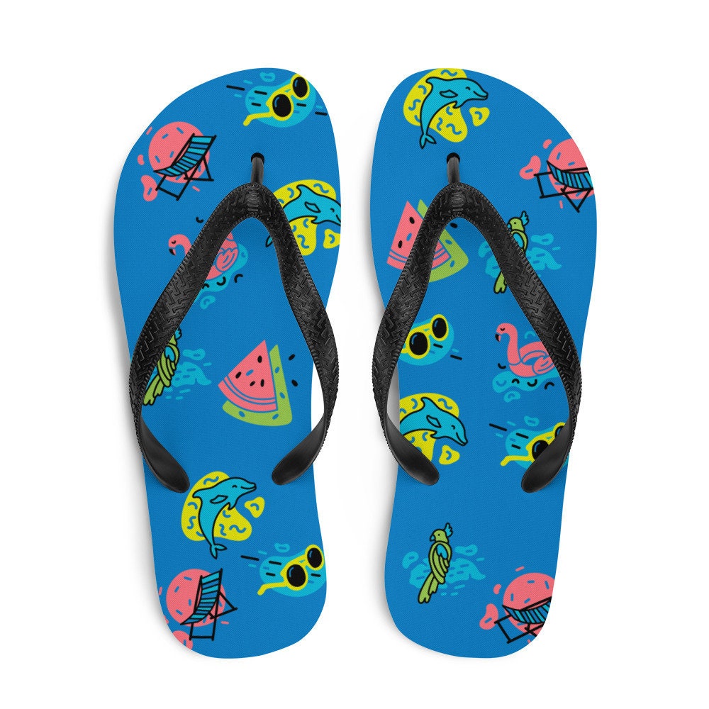 Summer Theme Flip Flops, Tropical Flip Flops, Women's Sandals, Beach Flip Flops, Blue Sandals, Flip Flops, Thongs, Footwear