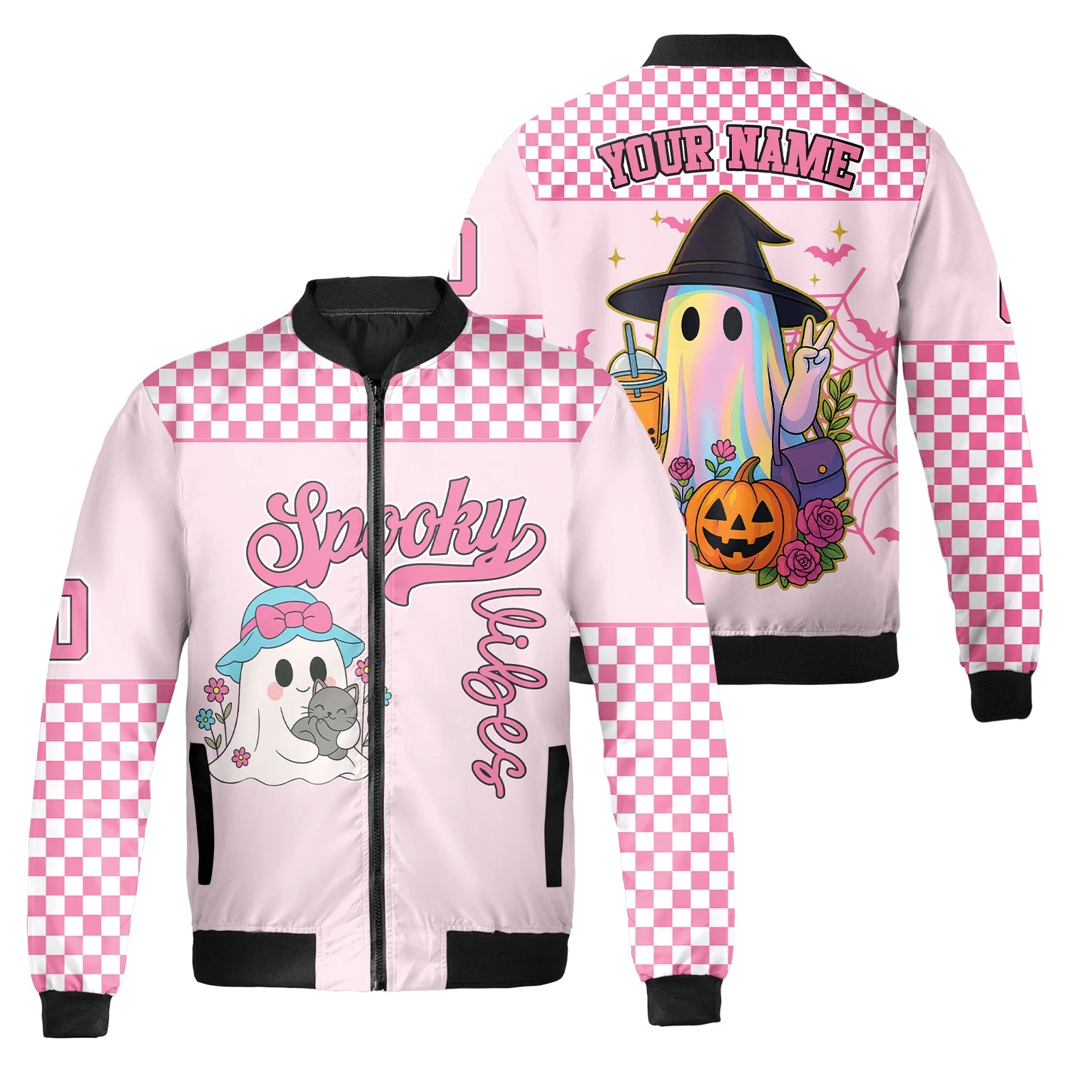 Personalized Cute Boo Let’s Go Ghouls Spooky Vibes Halloween Bomber Jacket