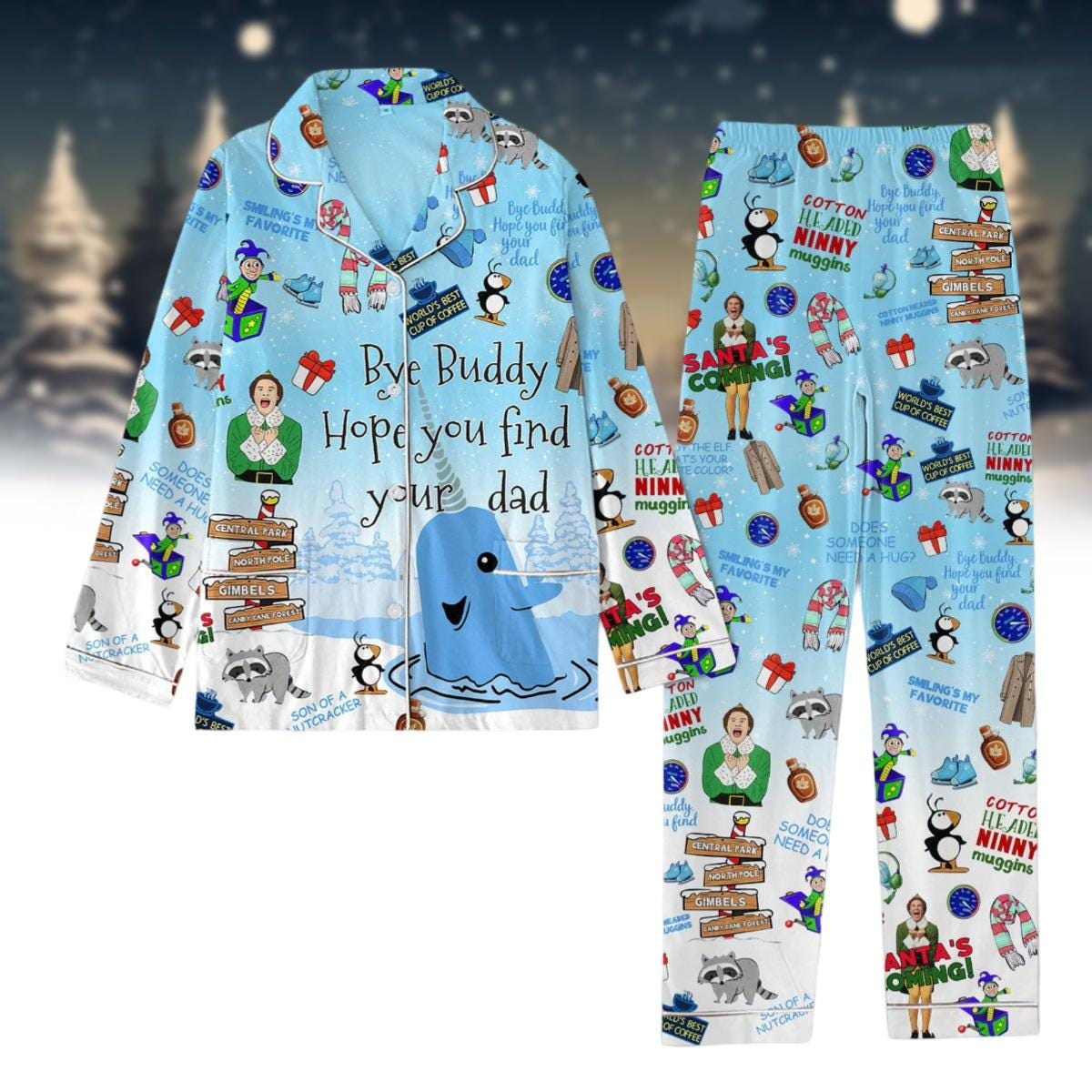 Vintage Elf Christmas Movie Pajamas, Bye Buddy Hope You Find Your Dad Shirt, Buddy The Elf Movie Pj Set, Matching Pajamas Family