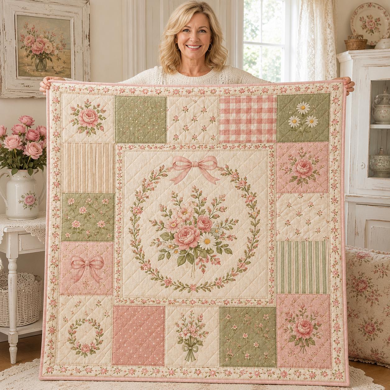 Floral Quilt Blanket for Nursery, Rose Bow Patchwork Shabby Chic Baby Girl Room Decor