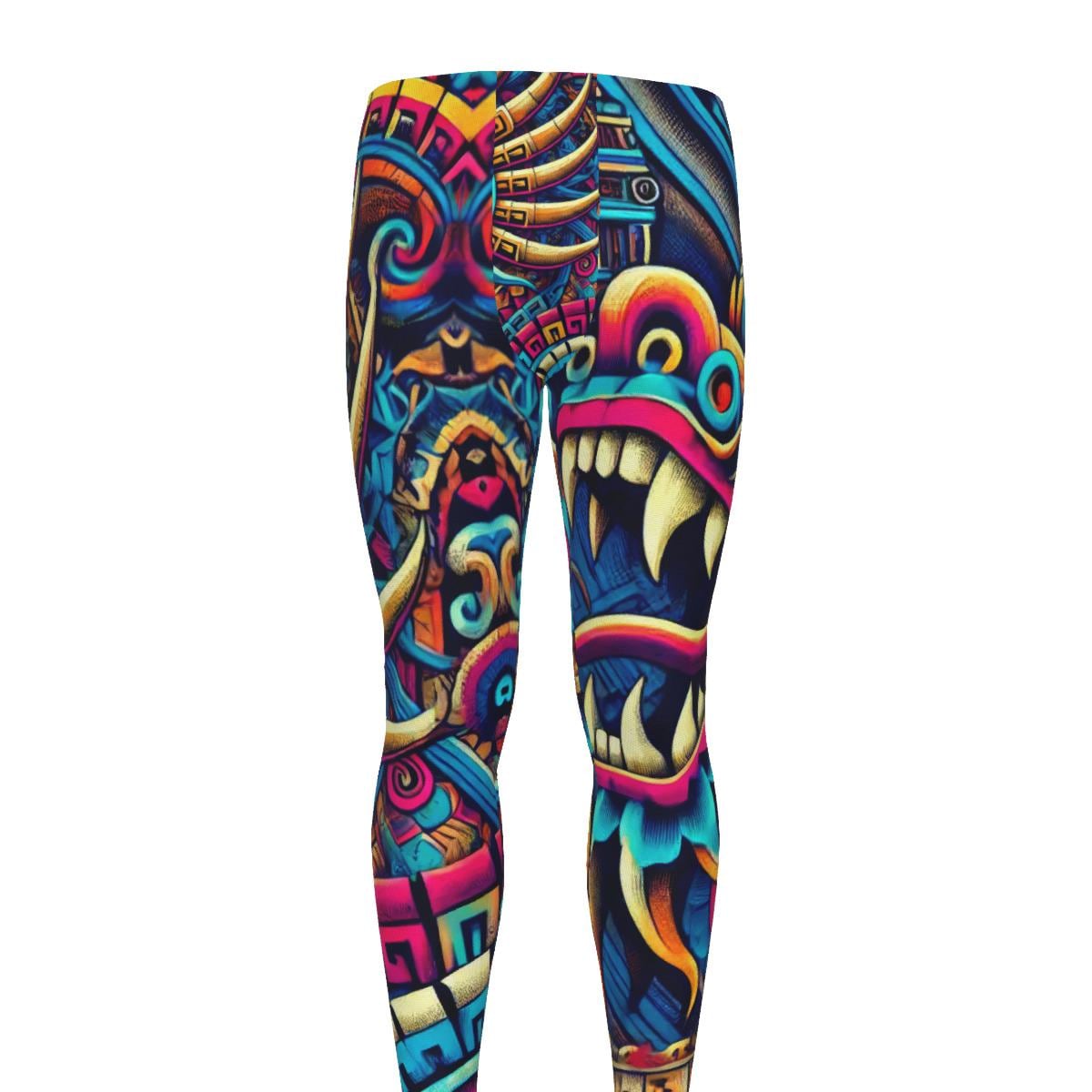 Men's Aztec Dragon Leggings for Workout, Running, Martial Arts, Yoga, and Fitness